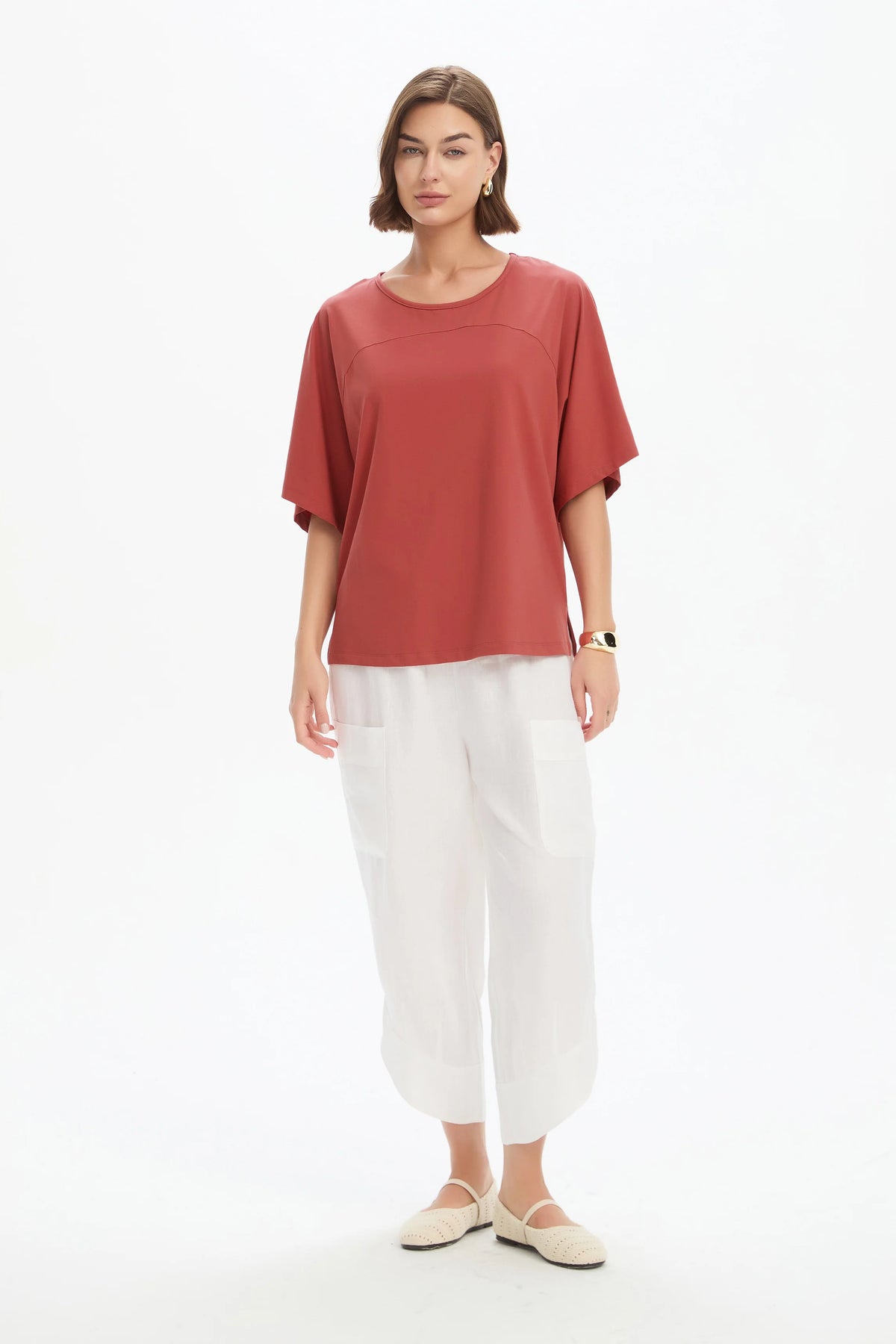 Wide Sleeve Yoke Tee - Dusty Red