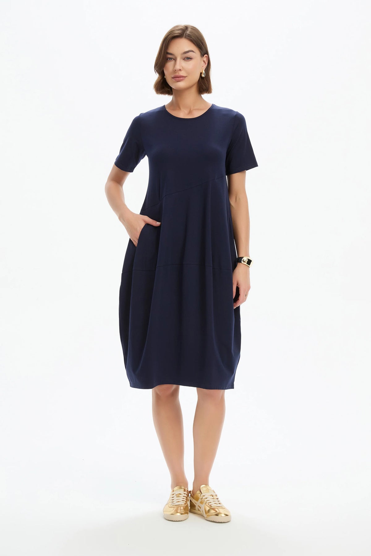 Short Sleeve Diagonal Seam Dress - Navy