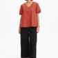 V Neck Bishop Sleeve Poplin Top Clay Red