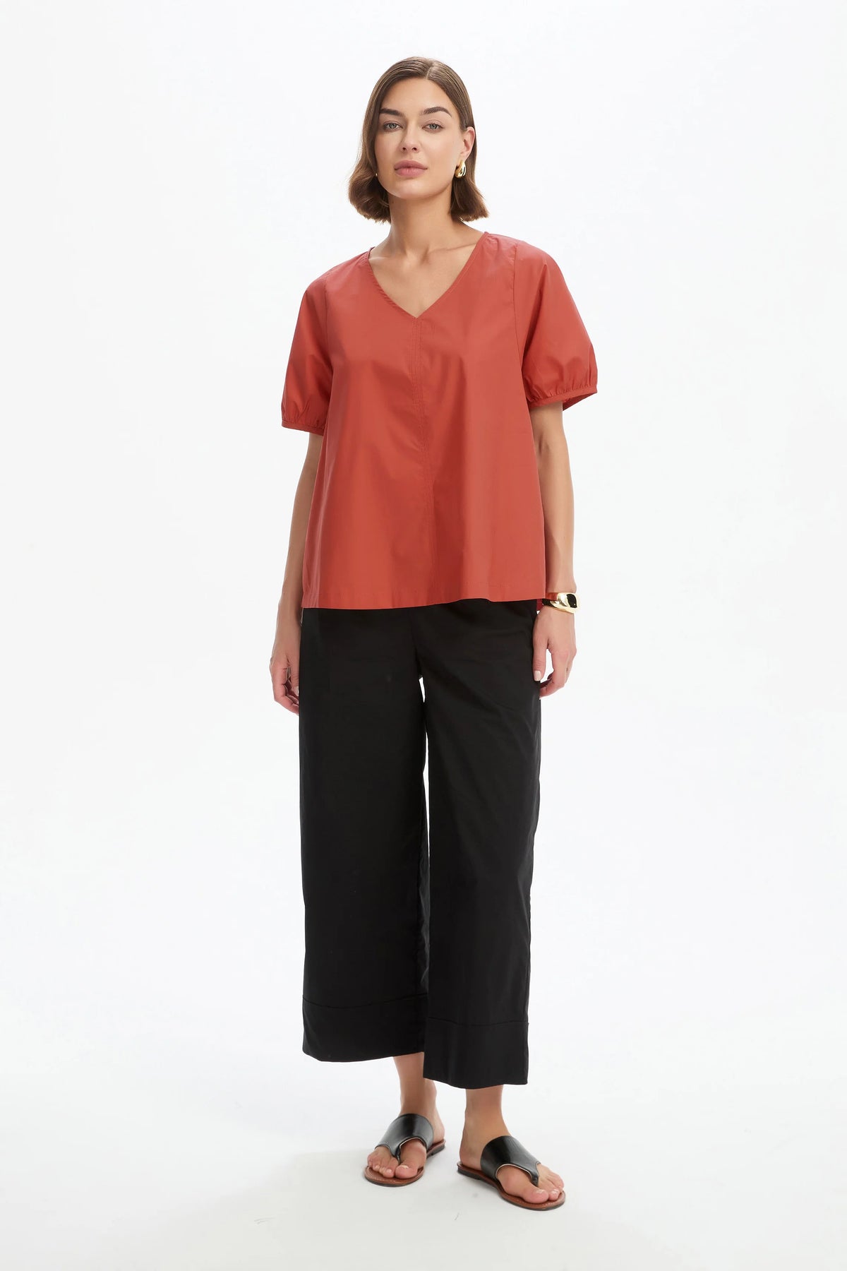 V Neck Bishop Sleeve Poplin Top Clay Red