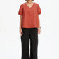 V Neck Bishop Sleeve Poplin Top Clay Red