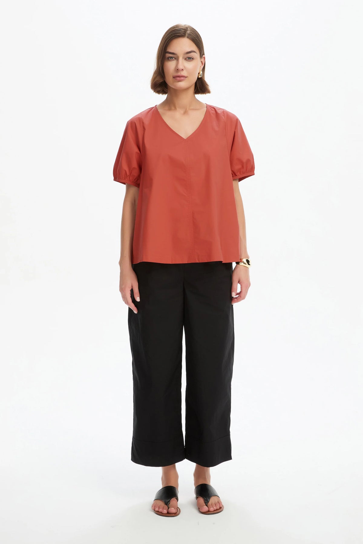 V Neck Bishop Sleeve Poplin Top Clay Red