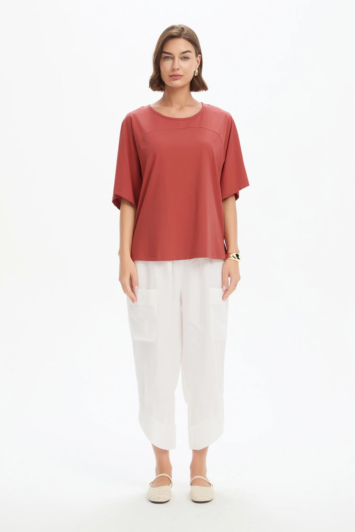 Wide Sleeve Yoke Tee - Dusty Red