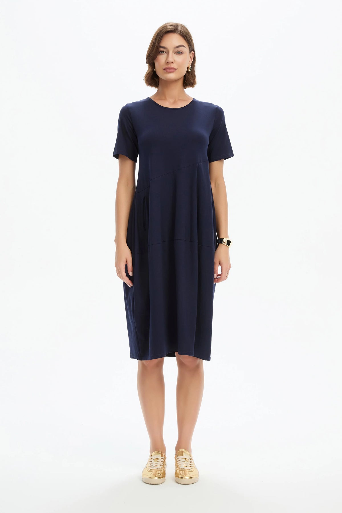 Short Sleeve Diagonal Seam Dress - Navy