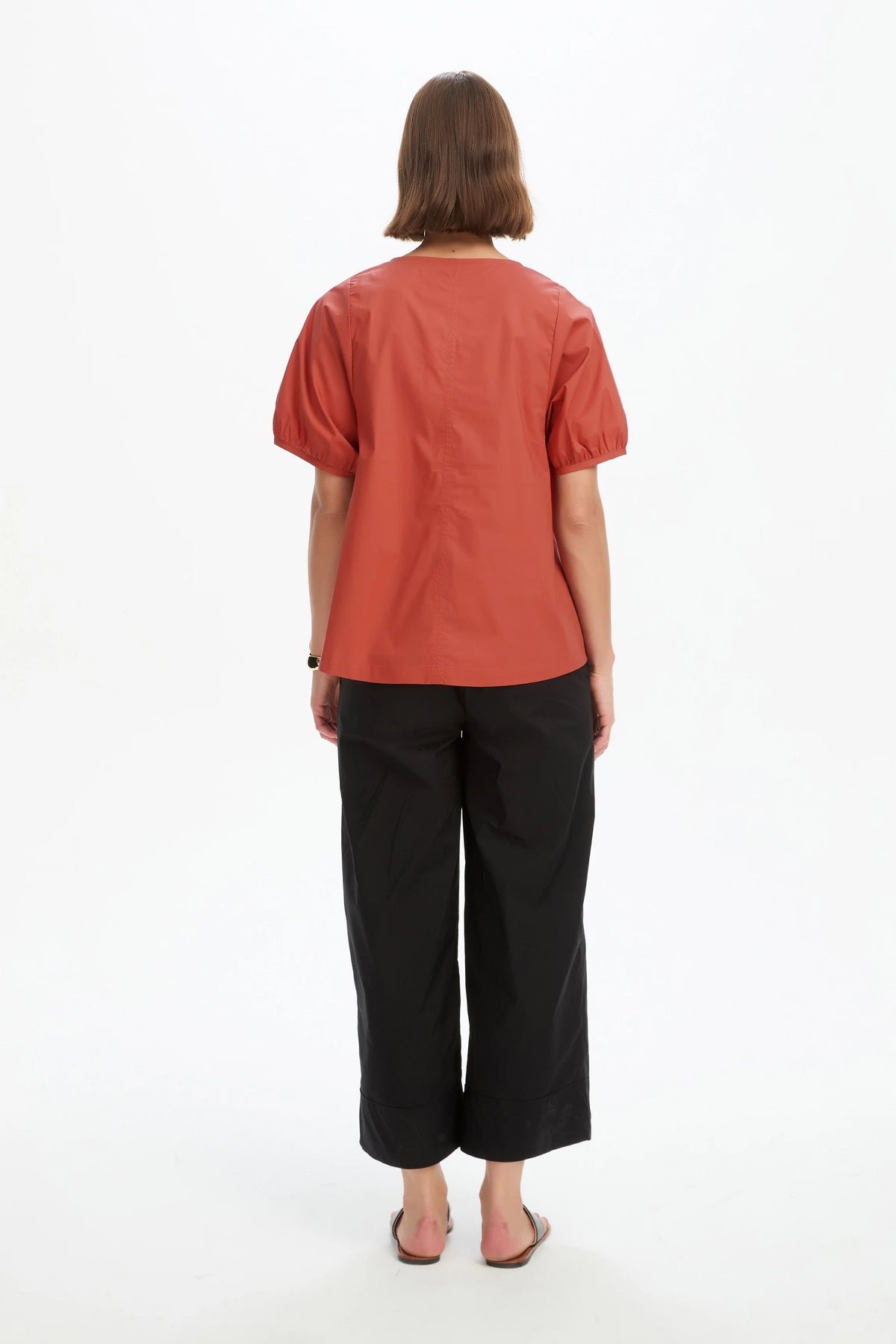 V Neck Bishop Sleeve Poplin Top Clay Red