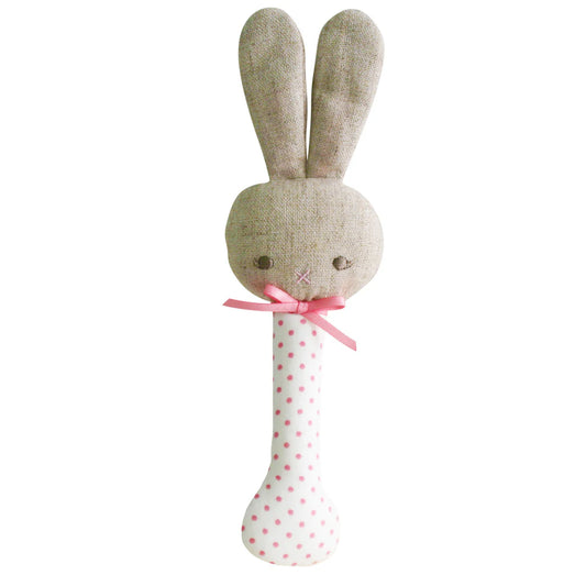 Bunny Stick Rattle Spot Pink on Ivory