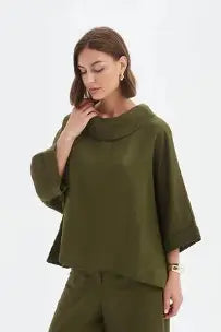 Funnel Neck Boxy Top - Olive Green