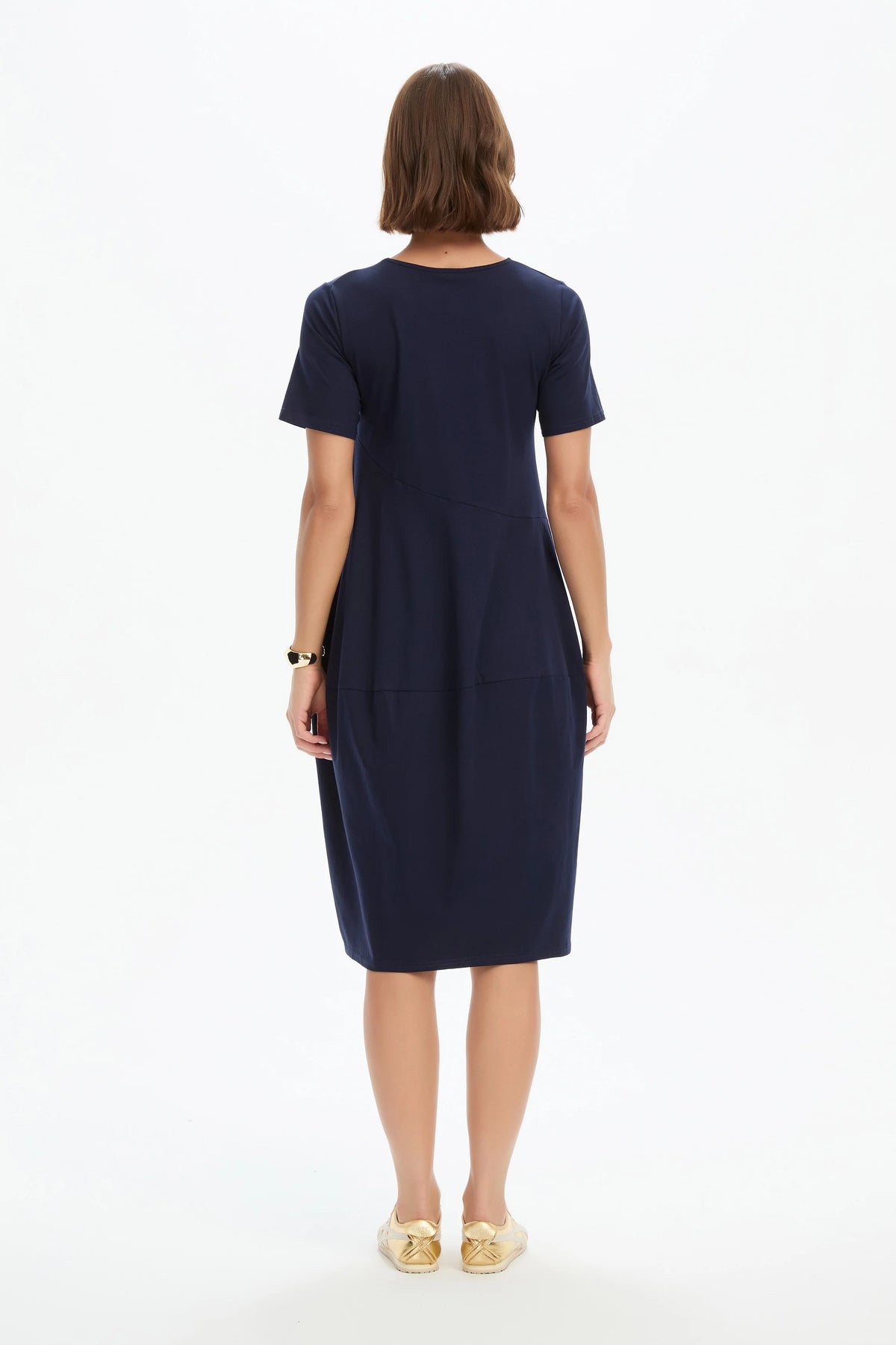 Short Sleeve Diagonal Seam Dress - Navy