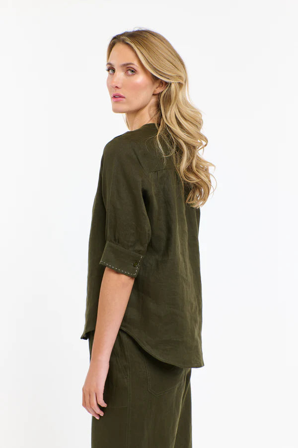 Bradley Linen Stitch Top - Khaki & White