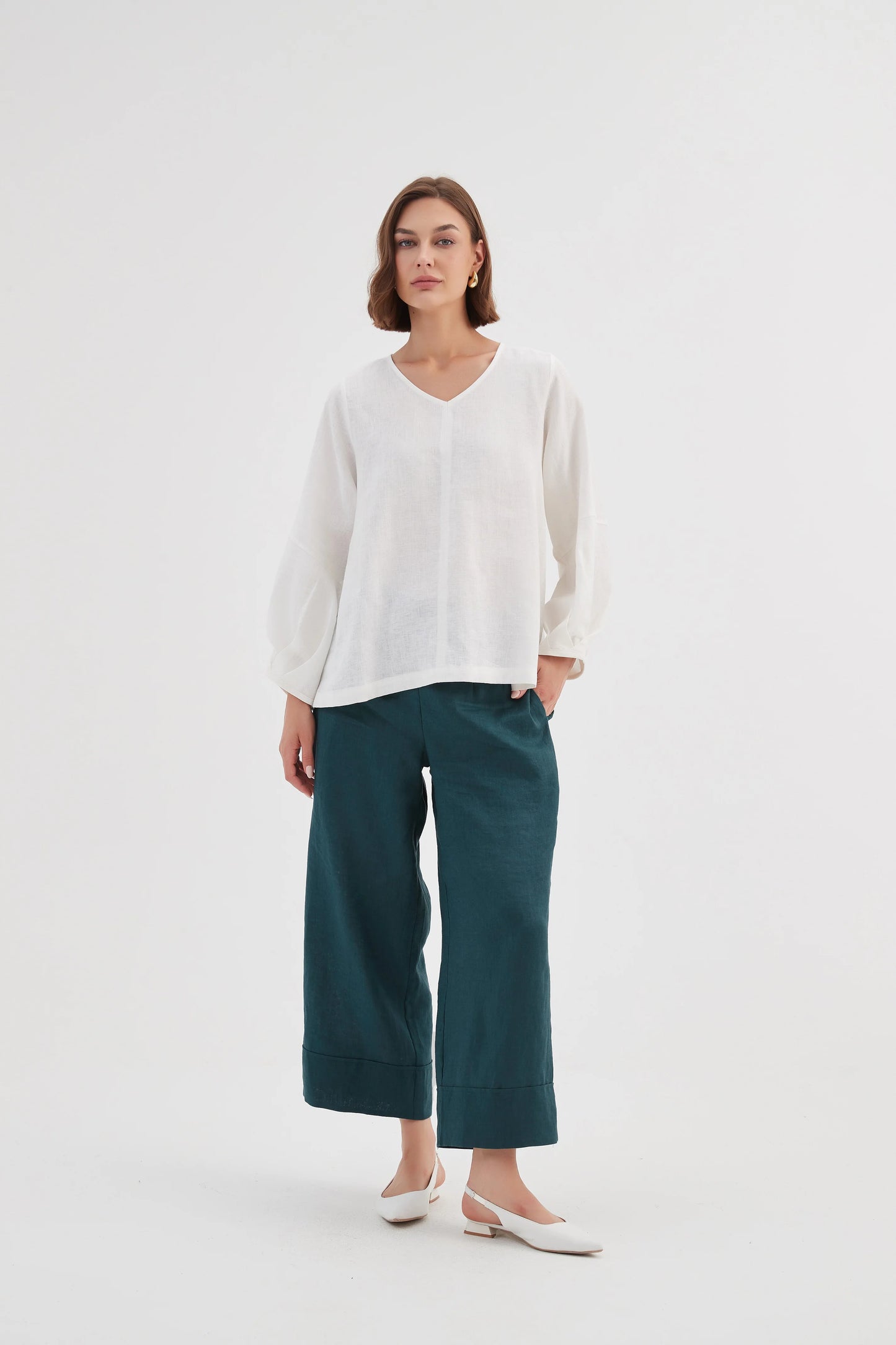 BISHOP LONG SLEEVE LINEN TOP WHITE