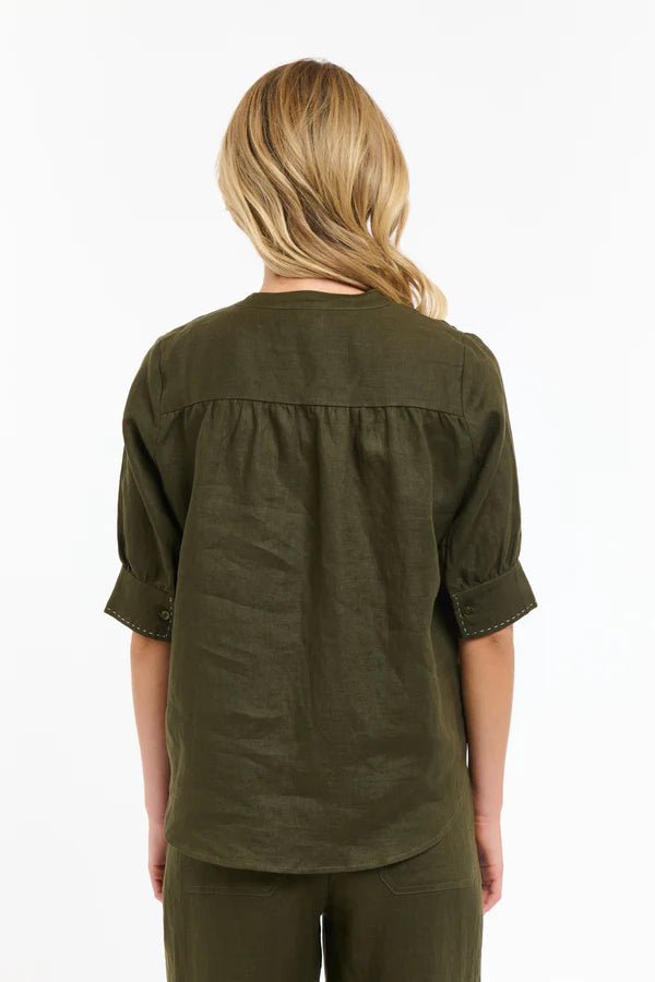 Bradley Linen Stitch Top - Khaki & White