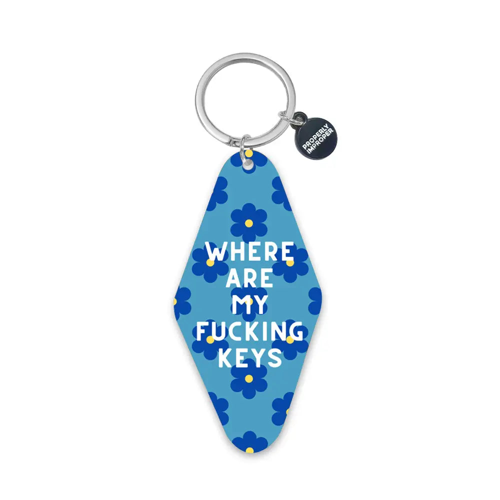 Printed Keychain Yellow Floral Where Are My Fucking Keys - Blue