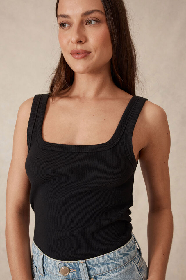 Zaeli Contour Rib Square Neck Tank / Black