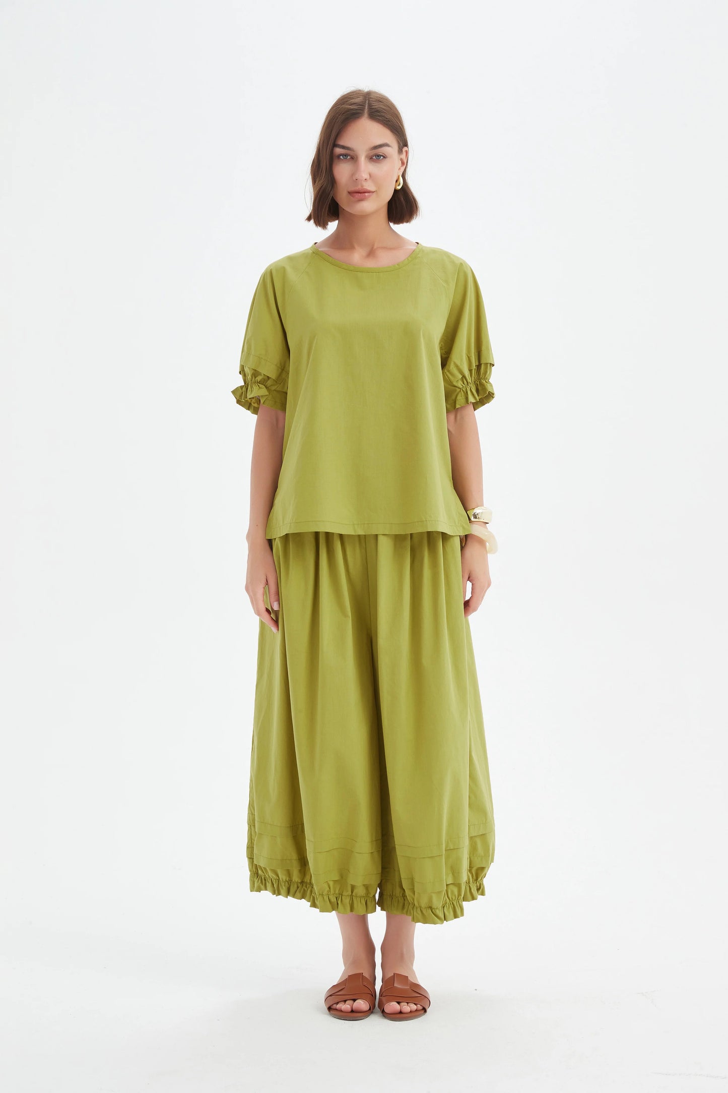 Ruffle Sleeve Top Split Pea