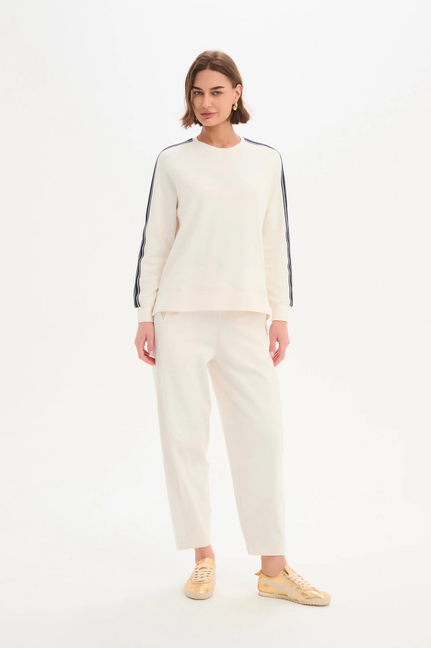 STRIPE SLEEVE SWEAT - CREAM & NAVY