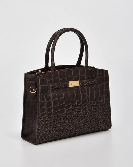Arlie Croc Leather Tote Bag - Chocolate