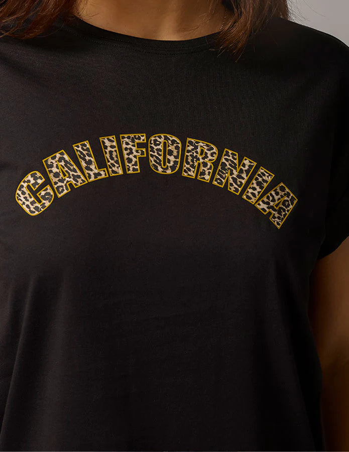 Cuff Sleeve T-Shirt Leopard California Black