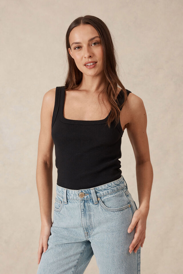 Zaeli Contour Rib Square Neck Tank / Black