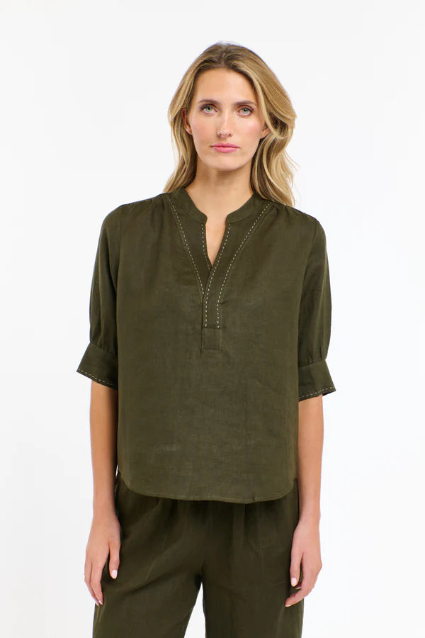 Bradley Linen Stitch Top - Khaki & White