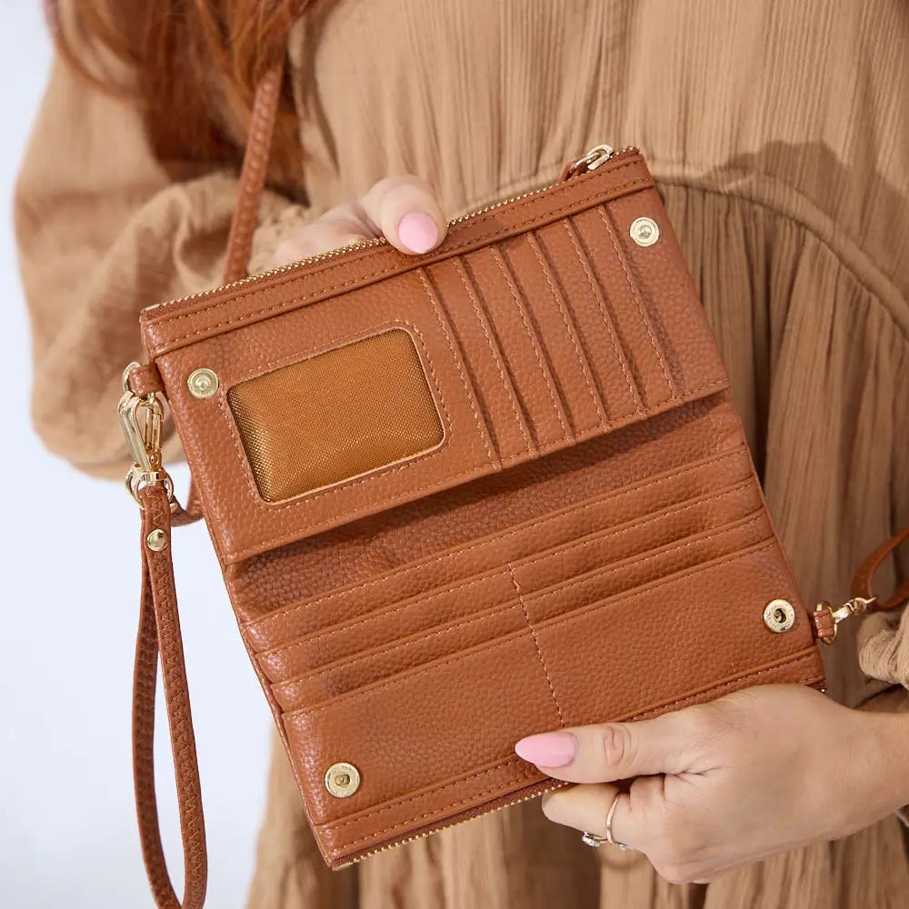 Vegan Leather New Haven Crossbody Wallet - Tan