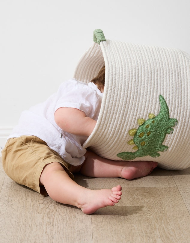 Cotton Rope Embroidered Hamper - Dinosaur