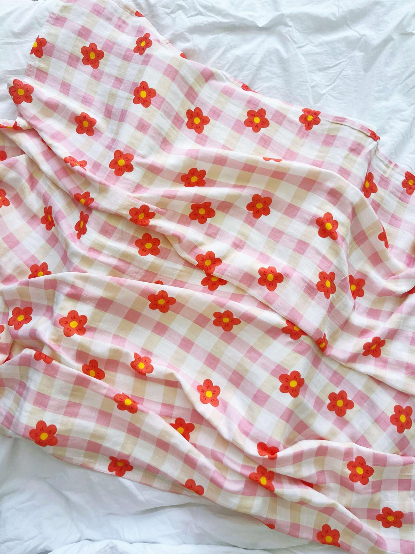 Pink & Orange Daisy Check Muslin Wrap Swaddle