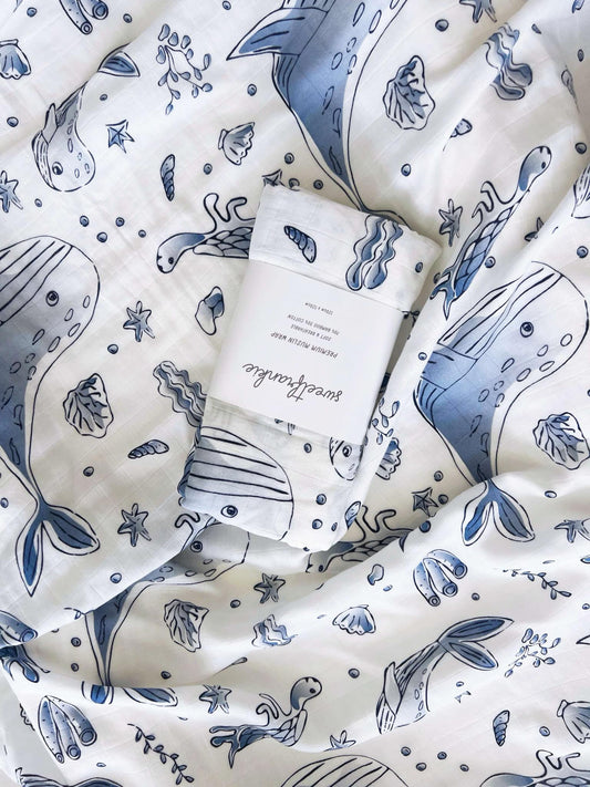 Wilson Whale Blue Muslin Wrap Swaddle