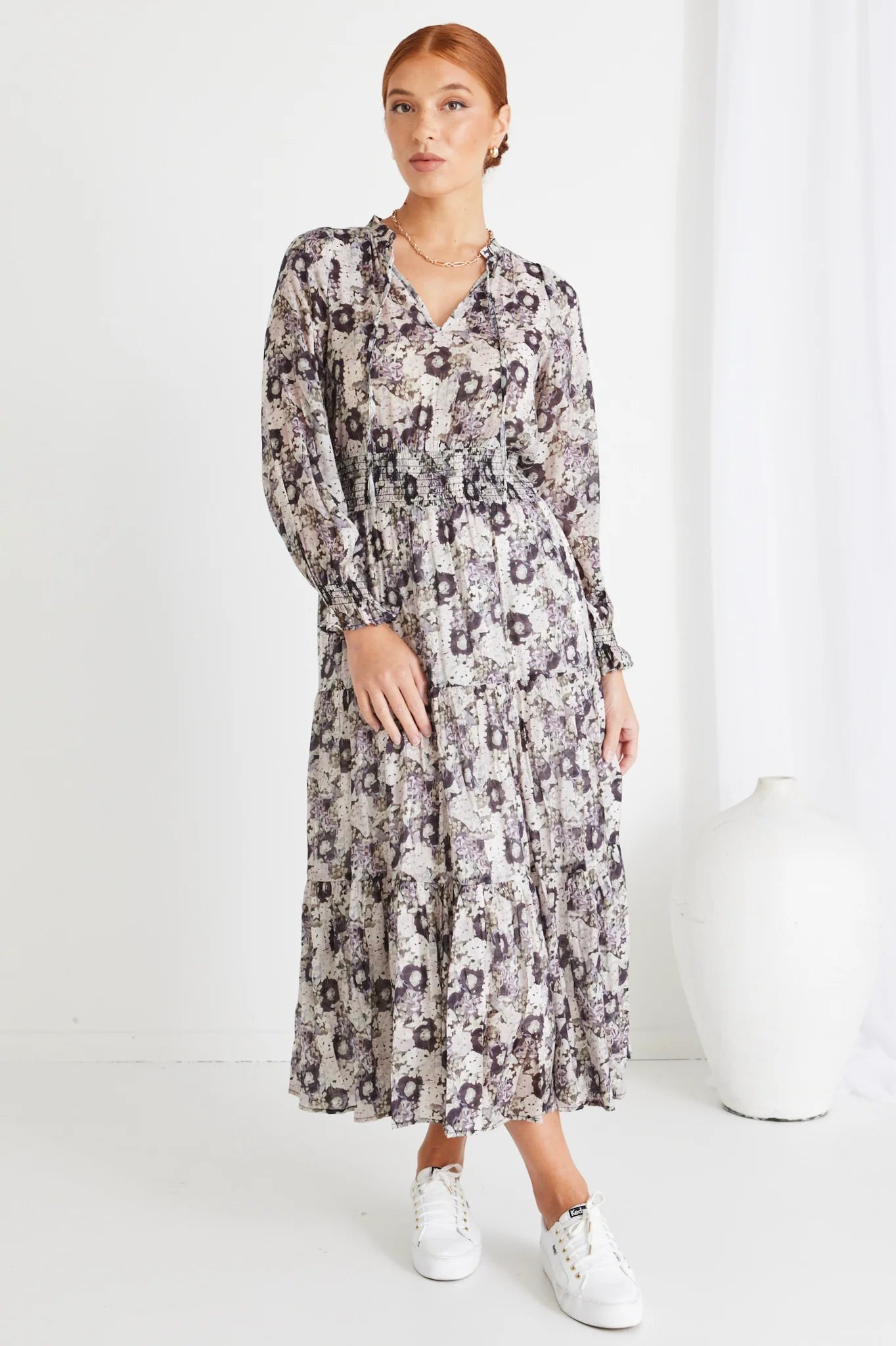 Charlie Lilac Garden Long Sleeve V Neck Tiered Maxi Dress