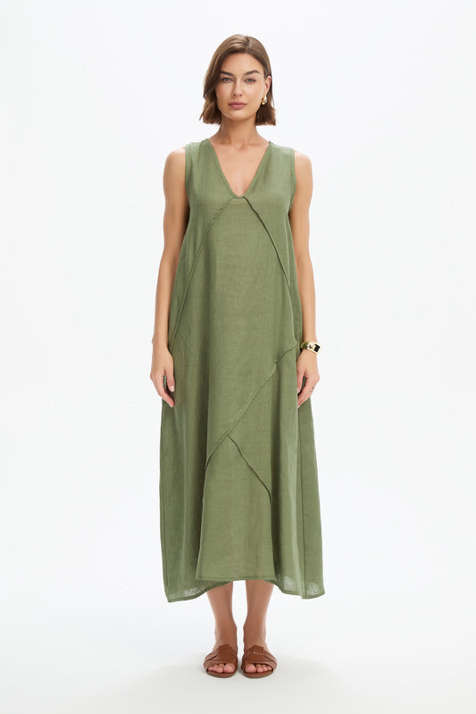 Reverse French Seam Maxi Dress - Olive Green