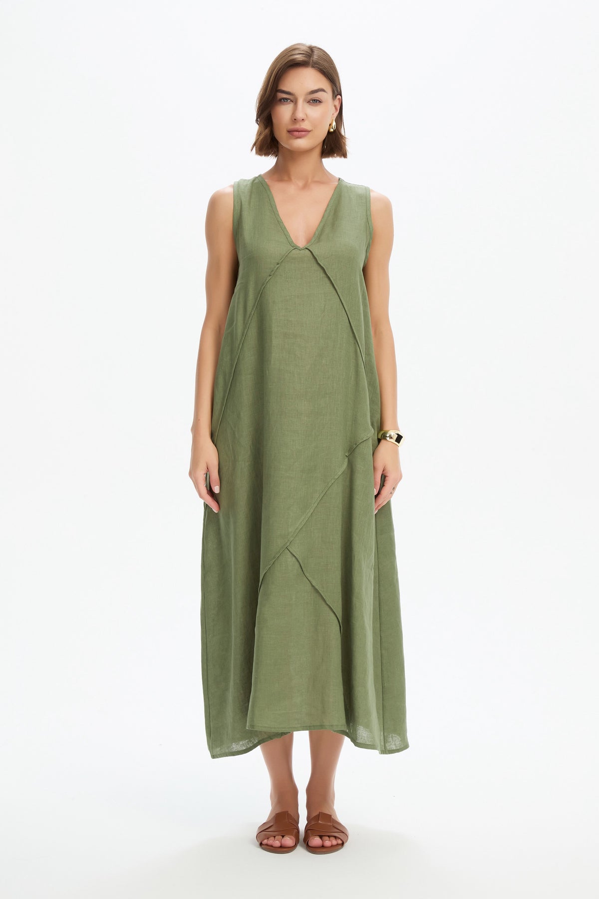 Reverse French Seam Maxi Dress - Olive Green