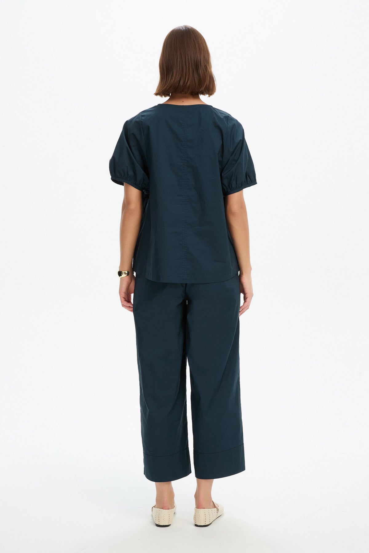 V Neck Bishop Sleeve Poplin Top Navy