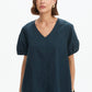 V Neck Bishop Sleeve Poplin Top Navy