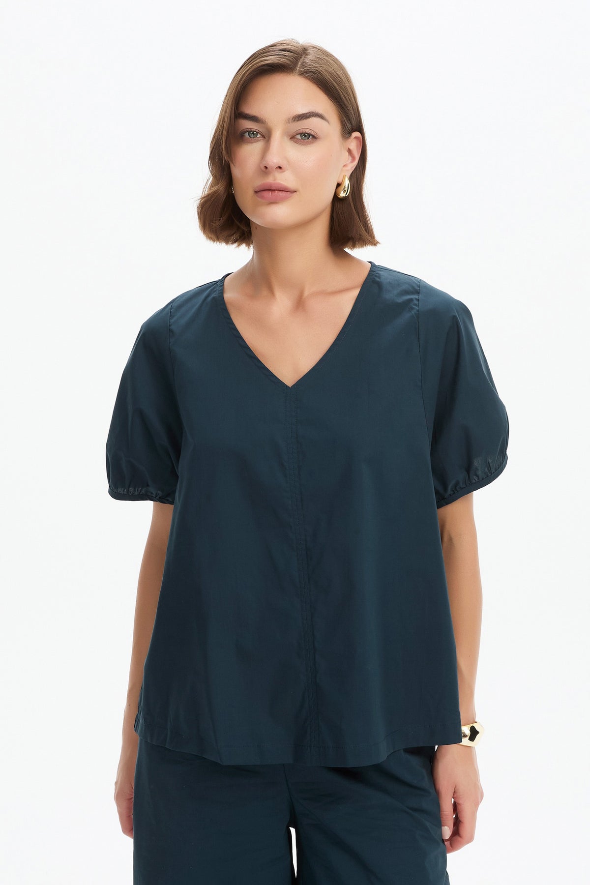 V Neck Bishop Sleeve Poplin Top Navy
