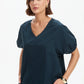 V Neck Bishop Sleeve Poplin Top Navy