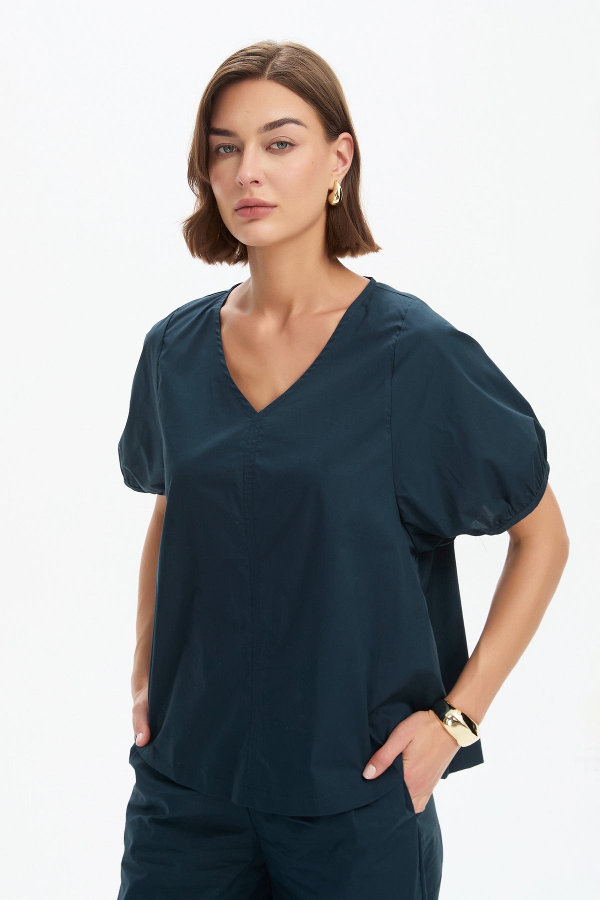 V Neck Bishop Sleeve Poplin Top Navy